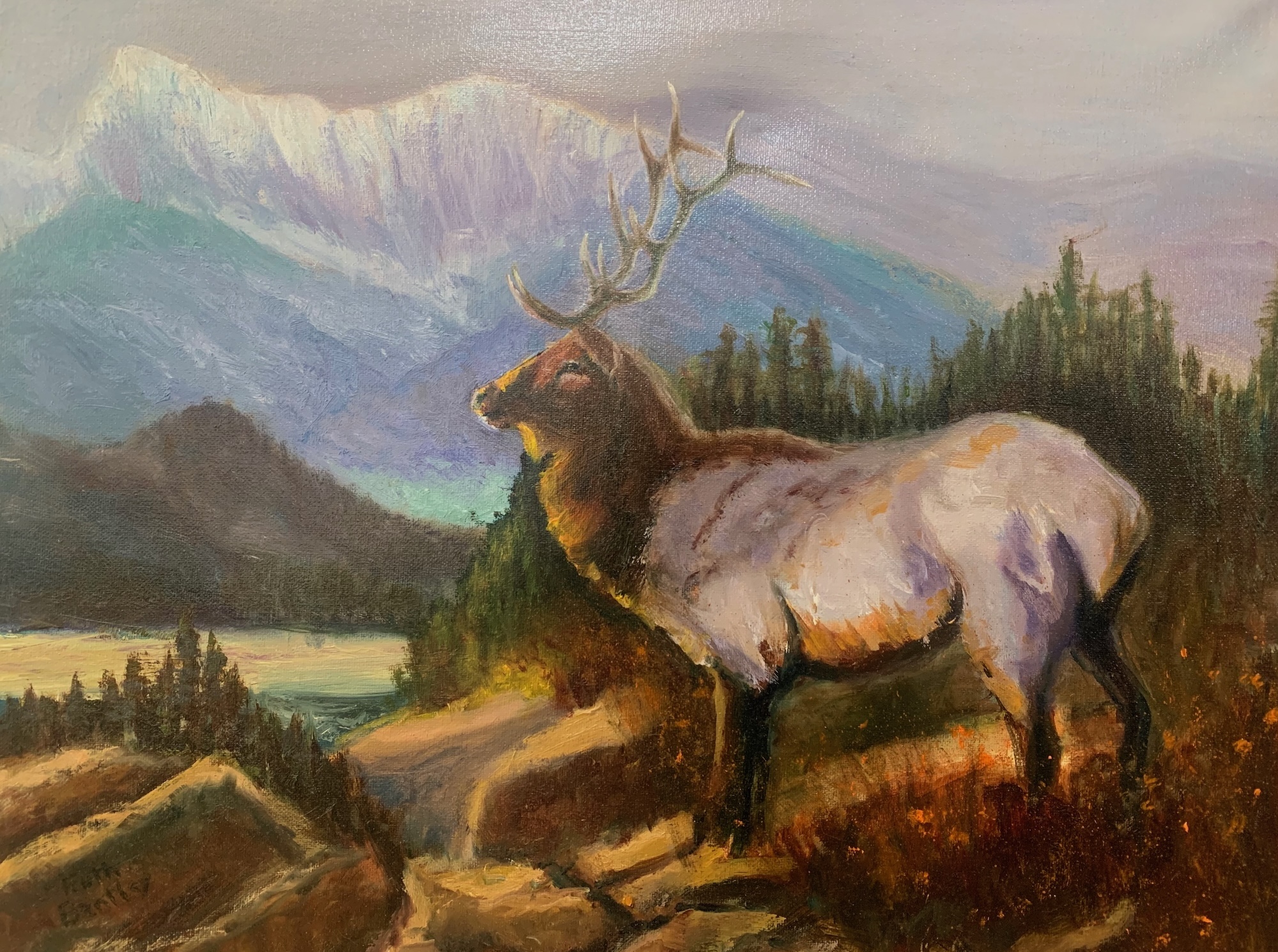 Painting of an elk in the mountaints