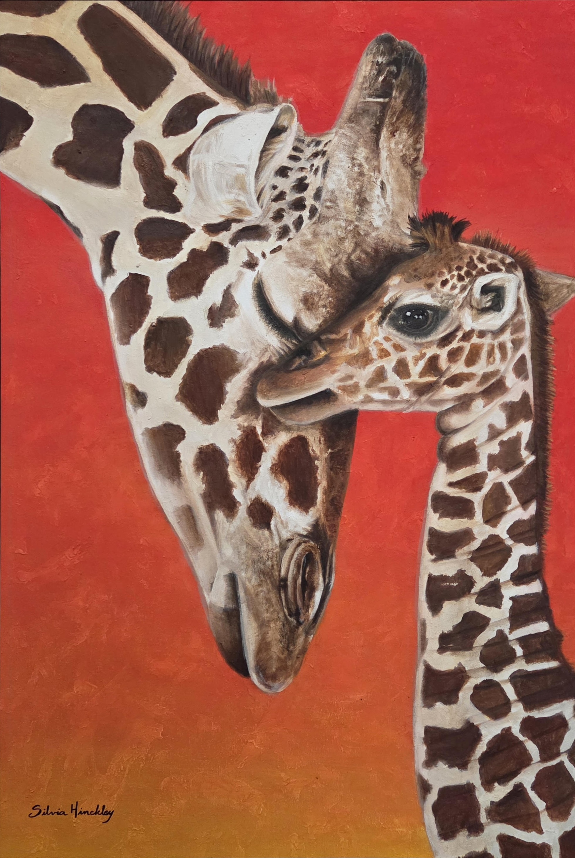 Painting of a giraffe nuzzling its child