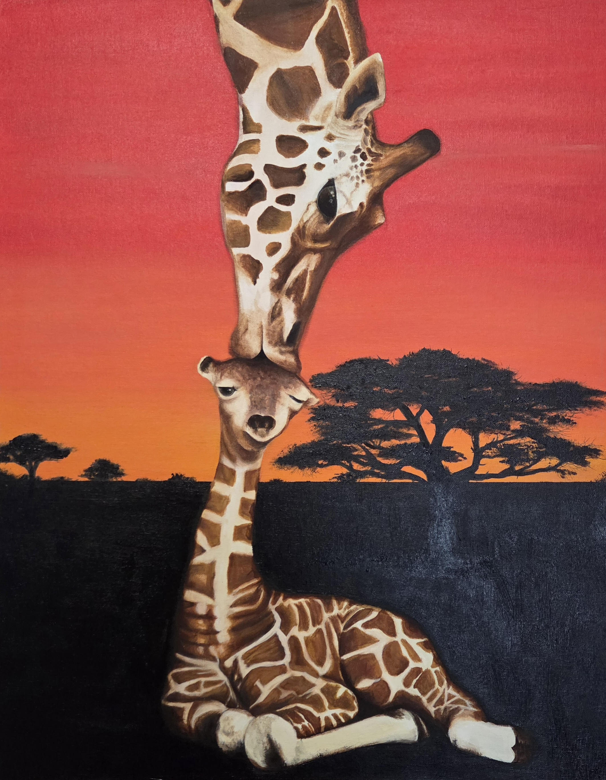 Painting of a giraffe kissing its child